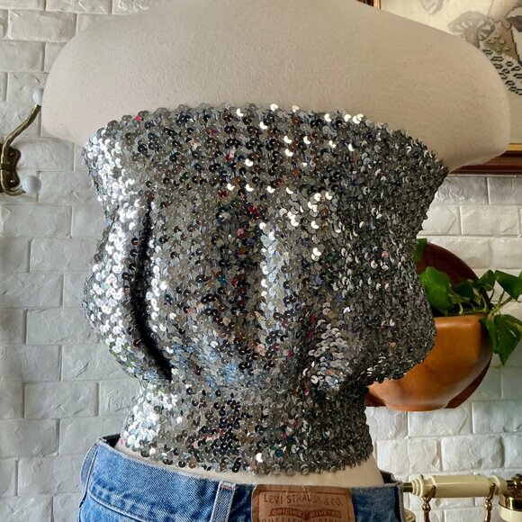 Vintage 1970s Disco Metallic Silver Sequin Tube Top - Picture 8 of 11